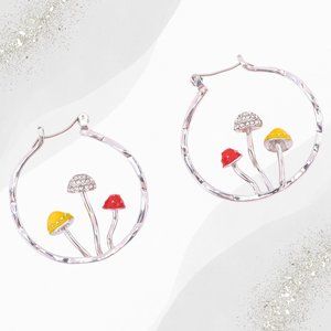 Mushroom Hoops Earrings SILVER Circle dangle, Three Mushroom Hoops Color…